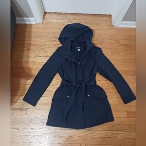 Like New! Women's Medium Navy Blue Basic Editions Fleece Hooded Trench Coat
